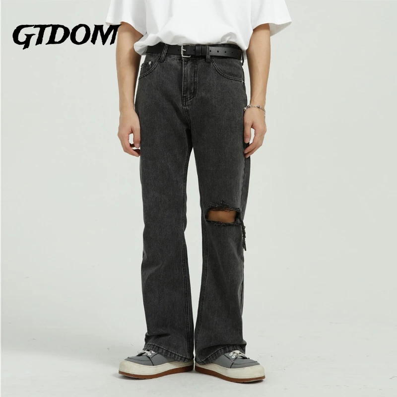 

Men Spring Korean Style Dark Gray Jeans Loose Straight Pants 2023 New Button Fly Pockets Hole Mid Waist Casual Jeans