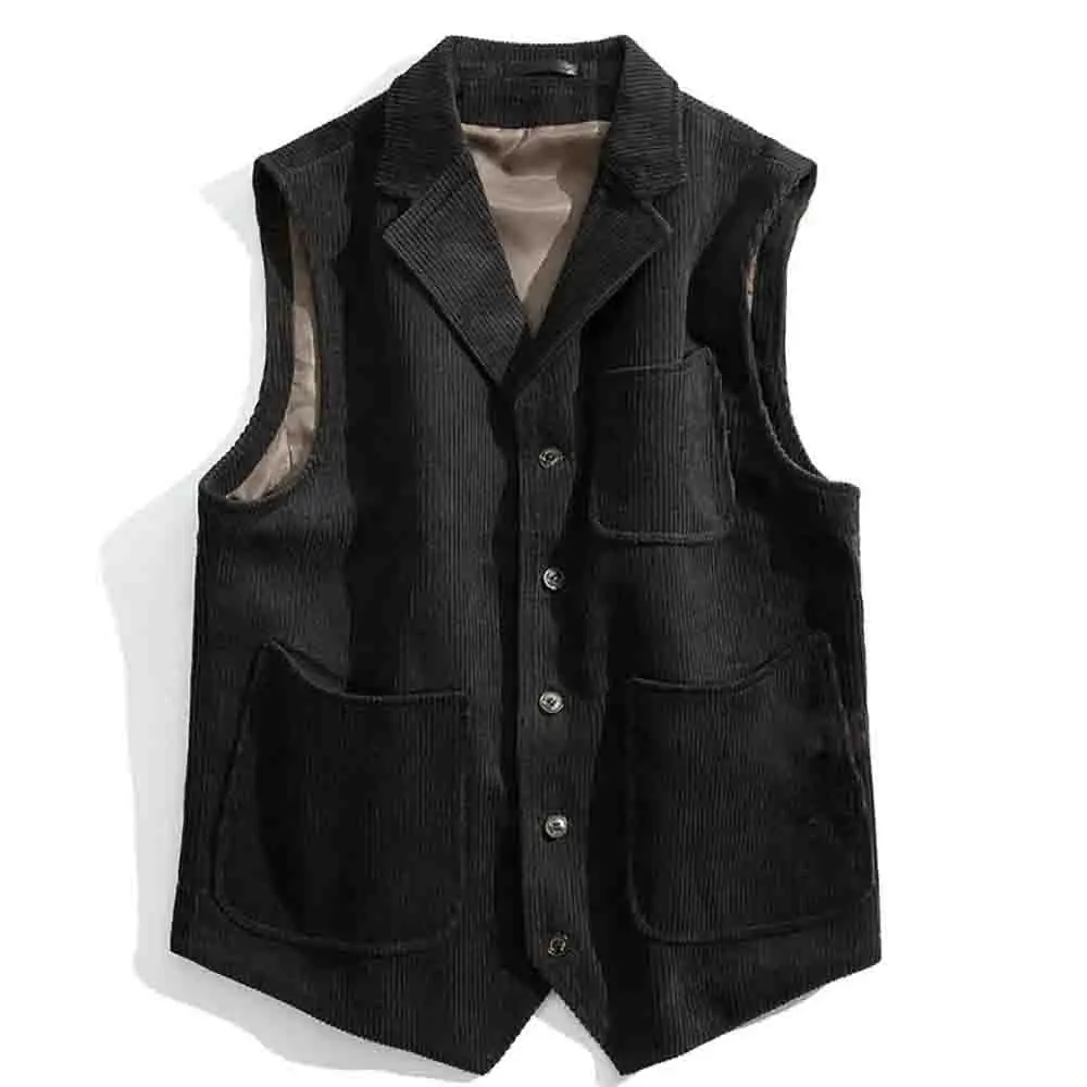 Corduroy Men Vest Cotton Light Brown New Style Notched Lapel Solid Color With Pockets Gilet For Male Clothing жилетка 4