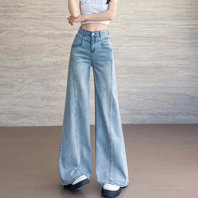 KSTUN 여성용 와이드 레그 청바지 벨 바닥 바지 여성 플레어 바지 streetwear 핫픽스 라인 석 디자이너 패치 워크 청바지 kpop