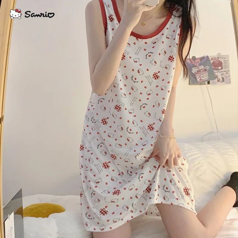 

Summer Fashion Fresh Women Pajamas Nightwear Kawaii Sanrio Hello Kitty Cartoon Print Sleeveless Dress Girls Homewear Dress
