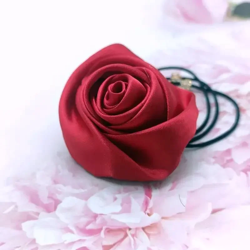 French Style Retro Rose Satin Hair Scrunchie - Artistic Glossy Floral Hair Accessory