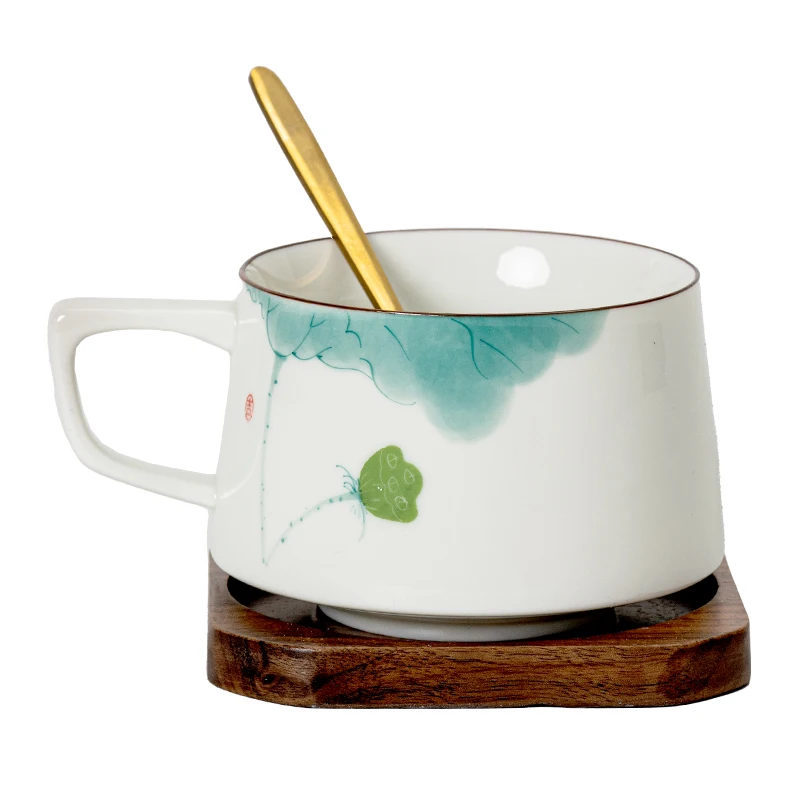 Creative Coarse Hand Drawn Lotus Pattern Cups, Household Office Items Porcelain Water Mug, Coffee Cup and Wood Plate Combination