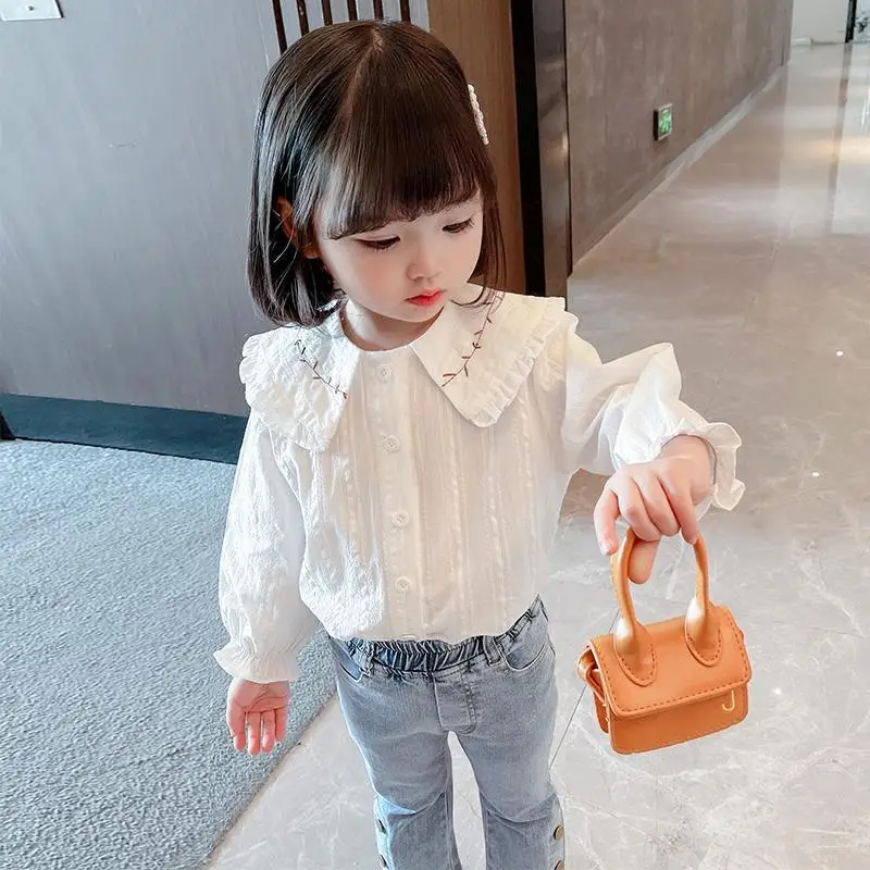 2-12Y Spring Autumn Girl White Cotton Casual Shirt Kids Long Sleeve Blouse Fashion Single Breasted Shirt Teenag Girls Thin Top