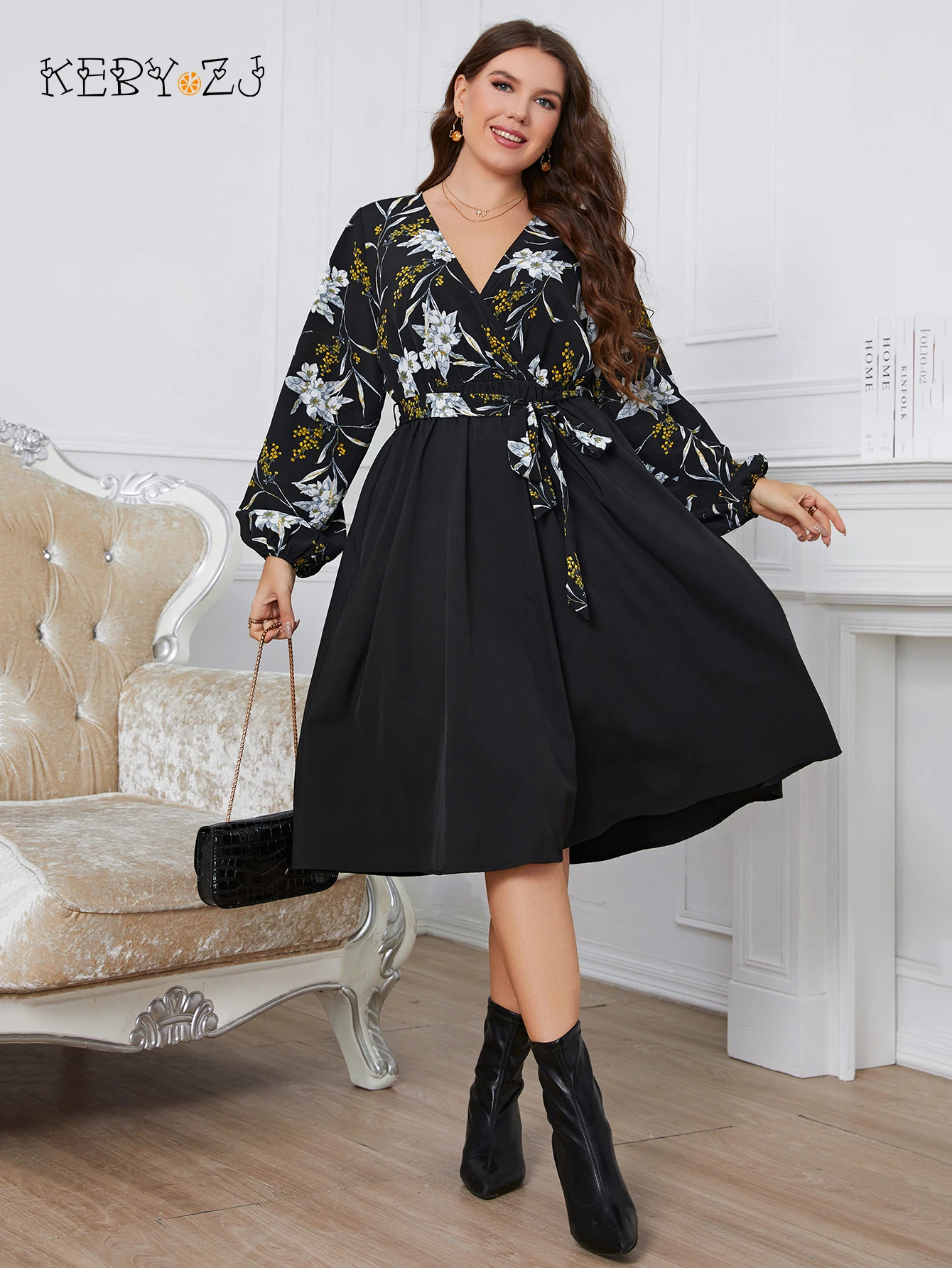 

KEBY ZJ Plus Size Elegant Fashion Print Black Party Dresses for Women Casual V Neck Long Big Size Dress 3XL 4XL Femme Clothing