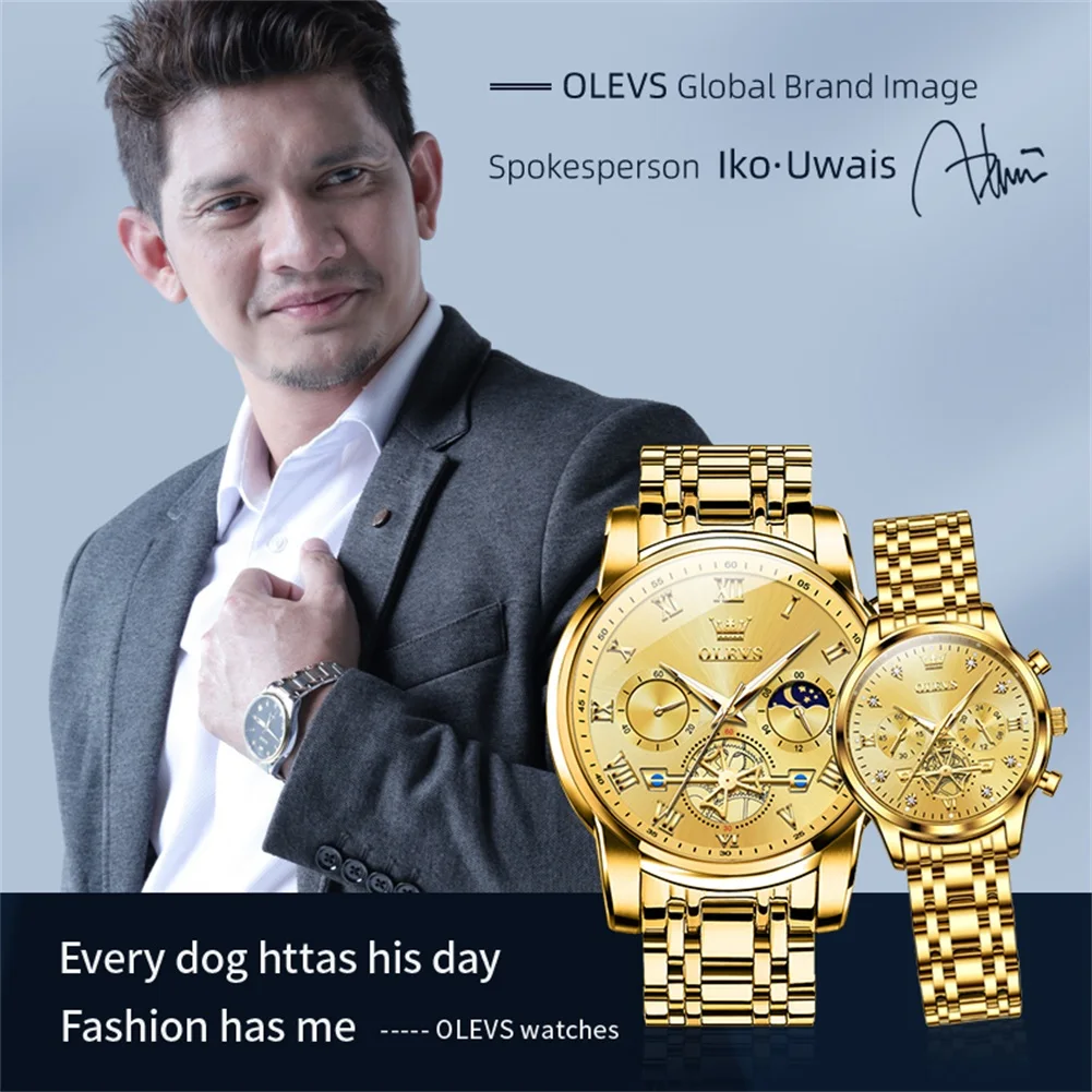 OLEVS Brand Luxury Gold Quartz Watch Lovers Stainless Steel Waterproof Luminous Fashion Chronograph Couple Watch Men and Women