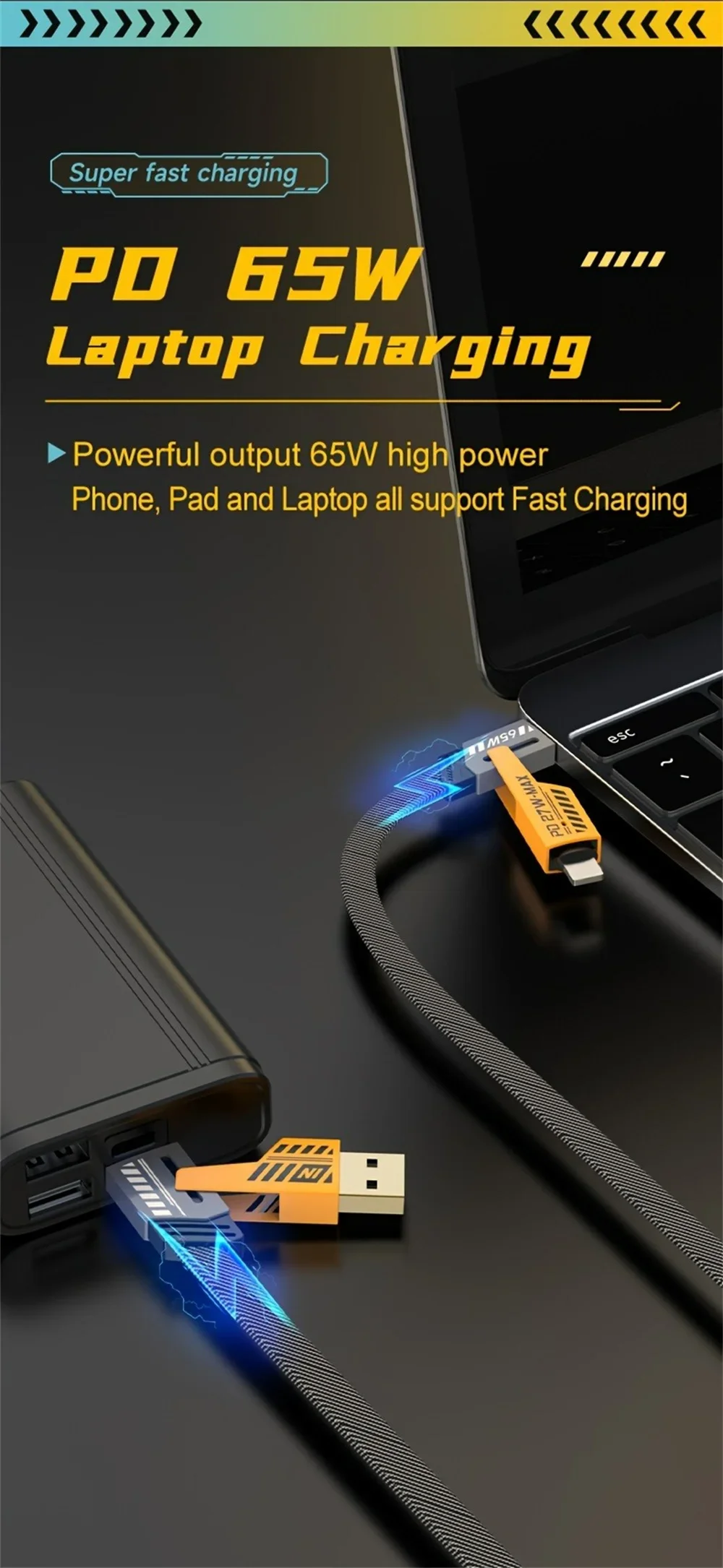 65W 4-in-1 Fast Charging PD QC Mecha Cable USB C Multi-Port Quick Charge Wire for Android iPhone