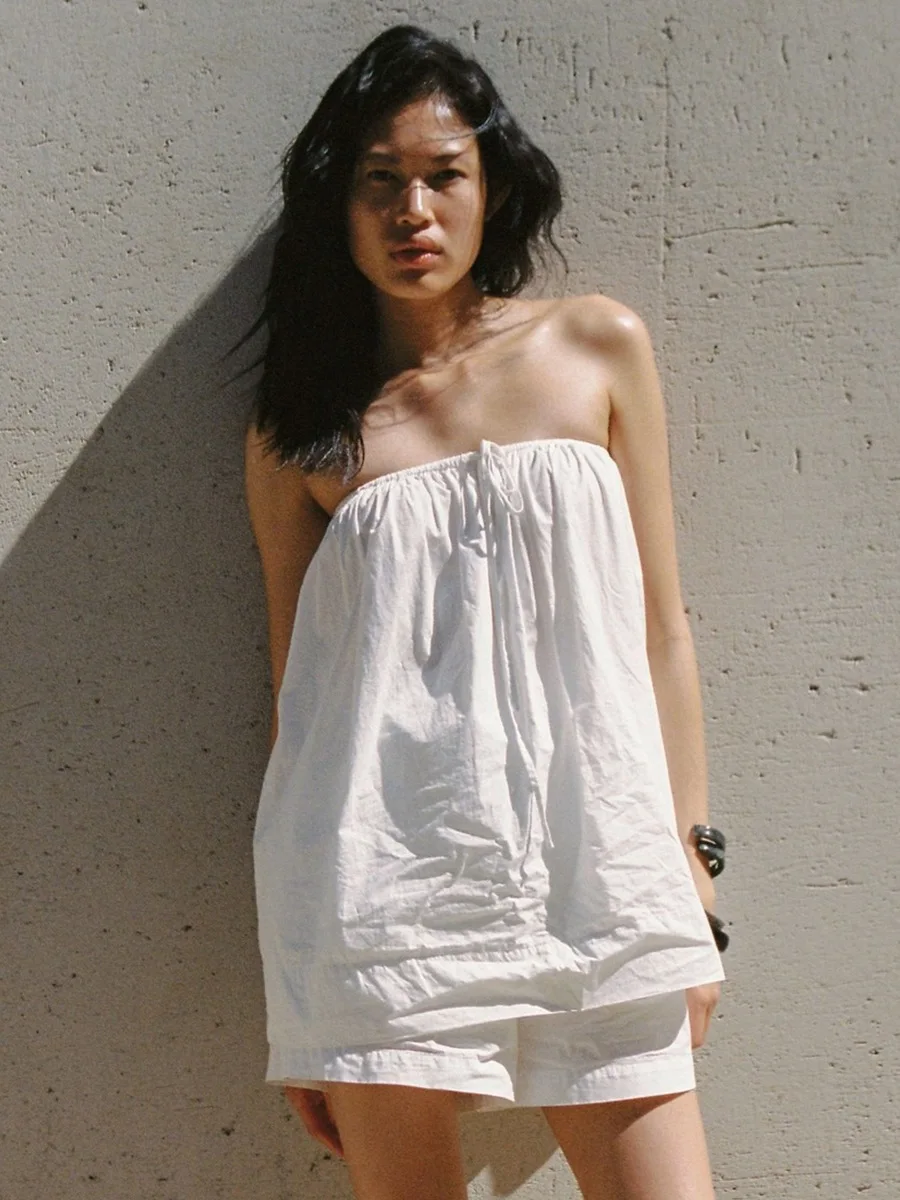 Bornladies Women's 2026 Spring Summer New Shorts 2-Piece Set Comfortable Ruched Strapless Off-Shoulder Top Casual Shorts Set