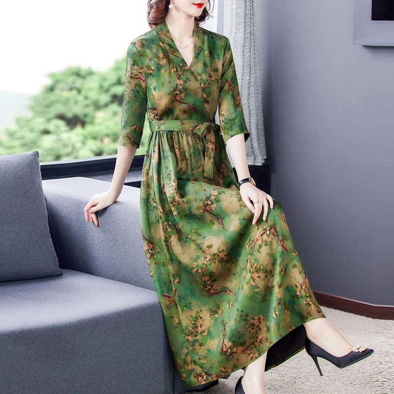 

2023 Spring Floral Natural Silk Satin Maxi Dress Autumn Vintage Casual Midi evening Dress Women Elegant Bodycon new Vestidos