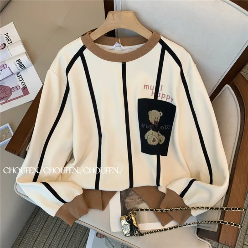 

Y2K Vintage Apricot Striped Cartoon Bear Cute Crop Top Sweatshirt Women Girls Streetwear Pullover Winter Clothes Korean Harajuku