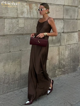 Clacive Fashion Loose Brown Satin Womens Dresses 2025 Summer Strap Sleeveless Floor Length Dress Sexy Backless Female Dress 1