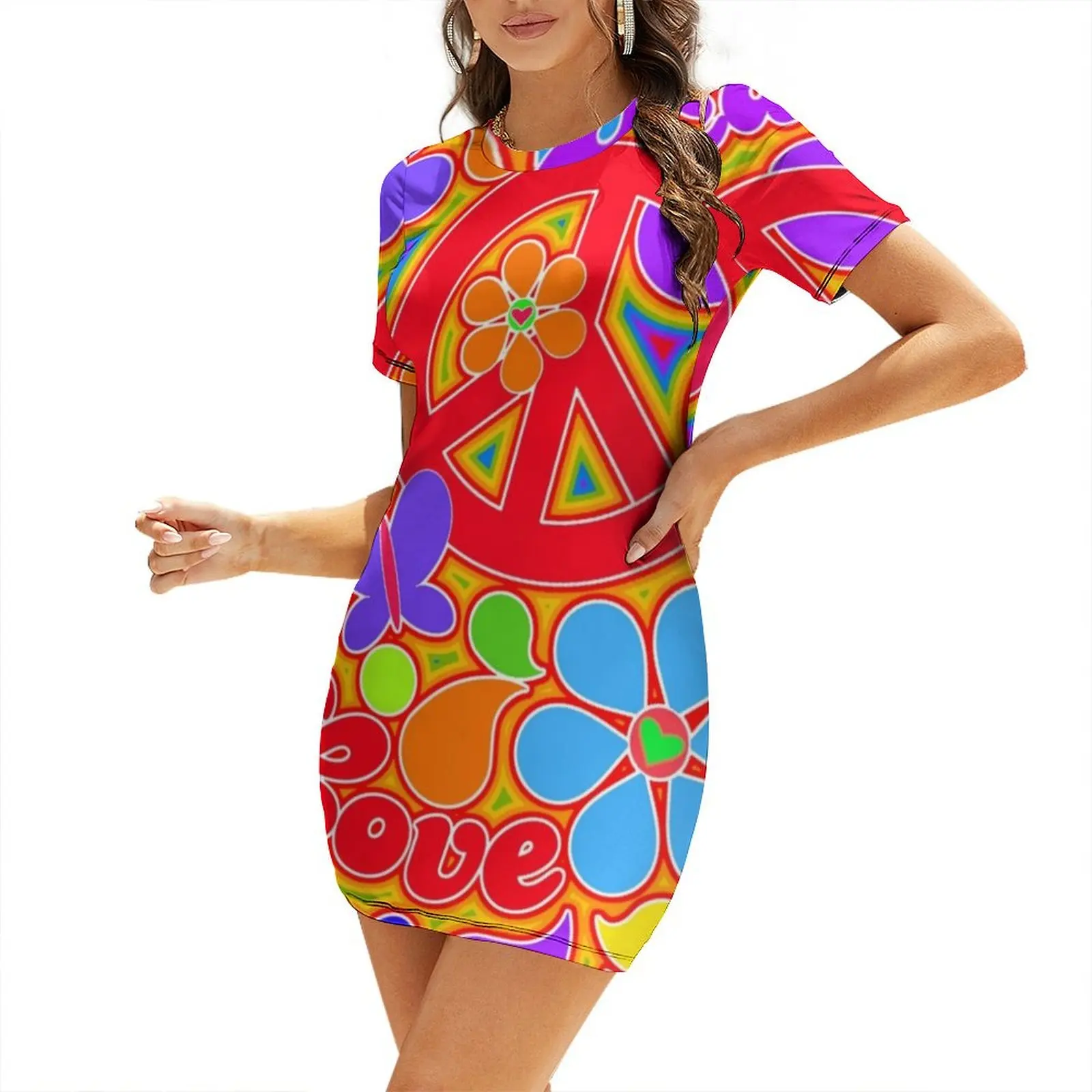 

Rainbow Pop Art Colorful Peace and Love Flower Power Art Short Sleeved Dress Long dress