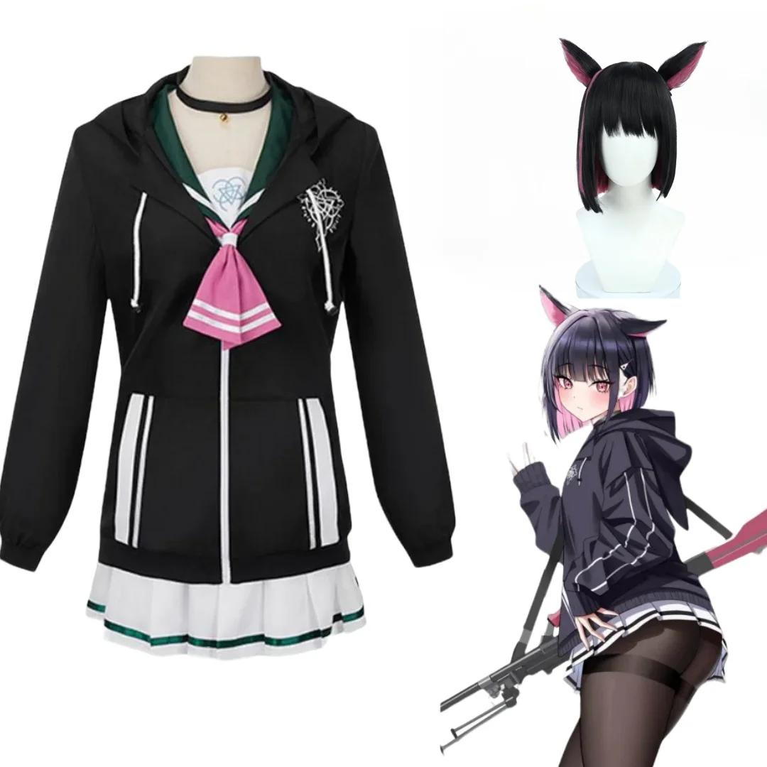 

Game Blue Archive Kyoyama Kazusa Cosplay Costume Wig Black Hoodie Sailor Suits Skirt Bow Tie Suit