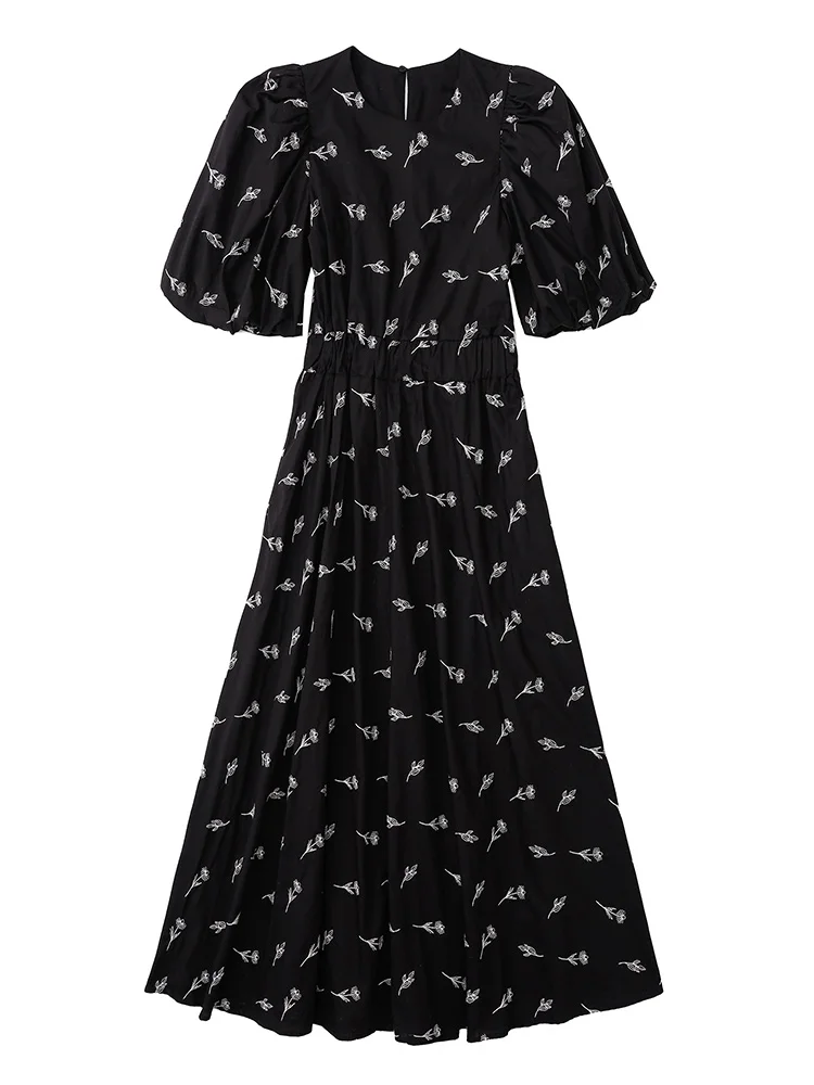 

Летние платья для женщин 2022 модное платье с цветочной вышивкой, женское платье с круглым вырезом и коротким пышным рукавом, элегантное вечернее черное платье миди