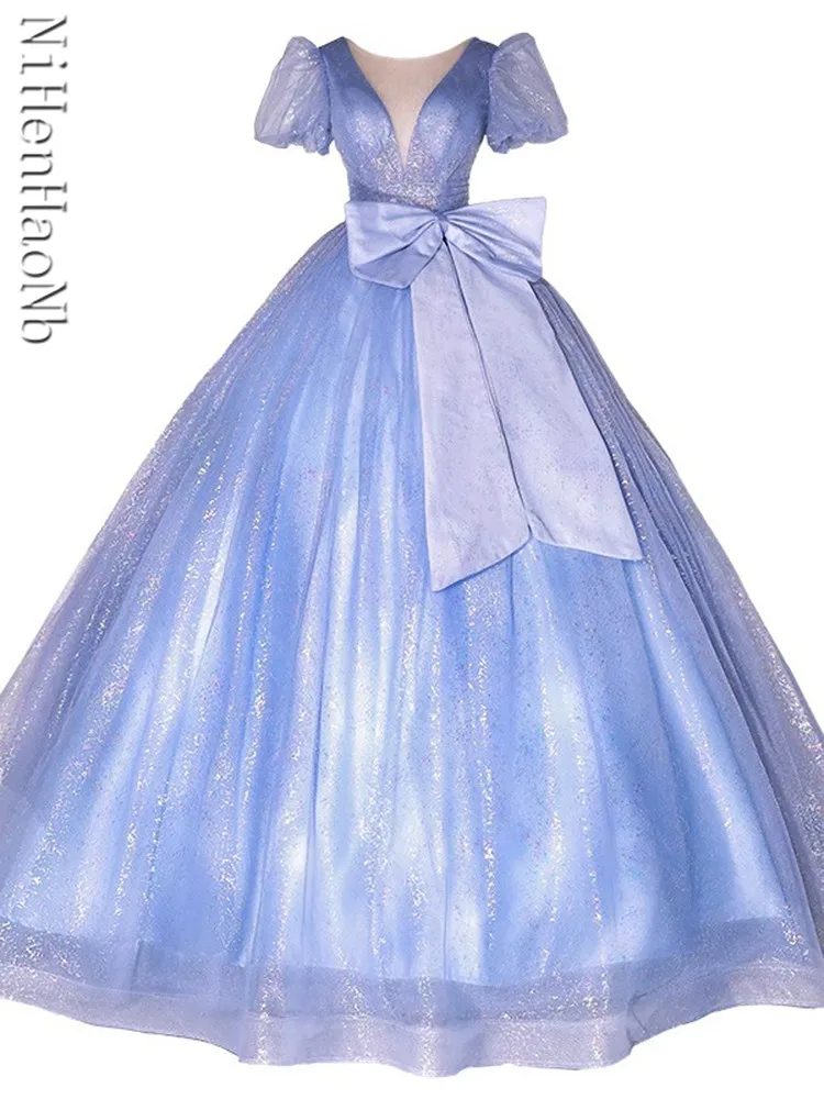 

Синее вечернее платье, платья для Quinceanera, новинка 2023, летние элегантные облегающие длинные платья с V-образным вырезом и бантом для церемонии выпускного вечера