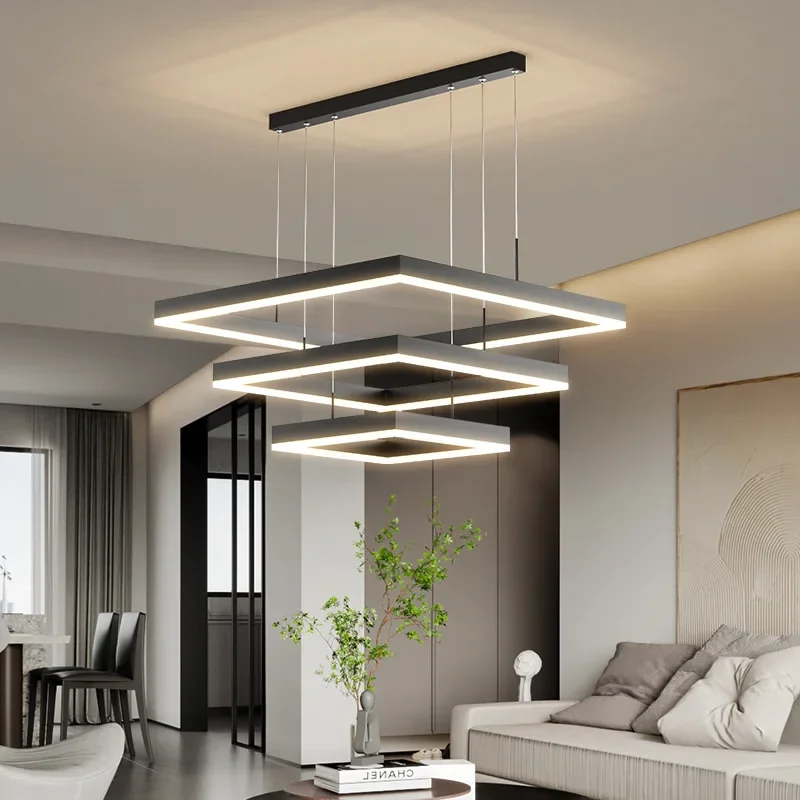 모던 LED 스퀘어 펜던트 조명, 조도 조절, 블랙, 침실 테이블, 다이닝 룸, 주방, 아일랜드, 홈 데코, 광택 고정장치