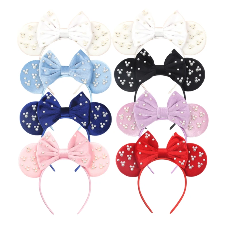 

2024 Chic Pearls 3.3"Mouse Ears Headband 5‘’ Velvet Bow Hairband For Girls Festival Party Cosplay DIY Hair Accessories