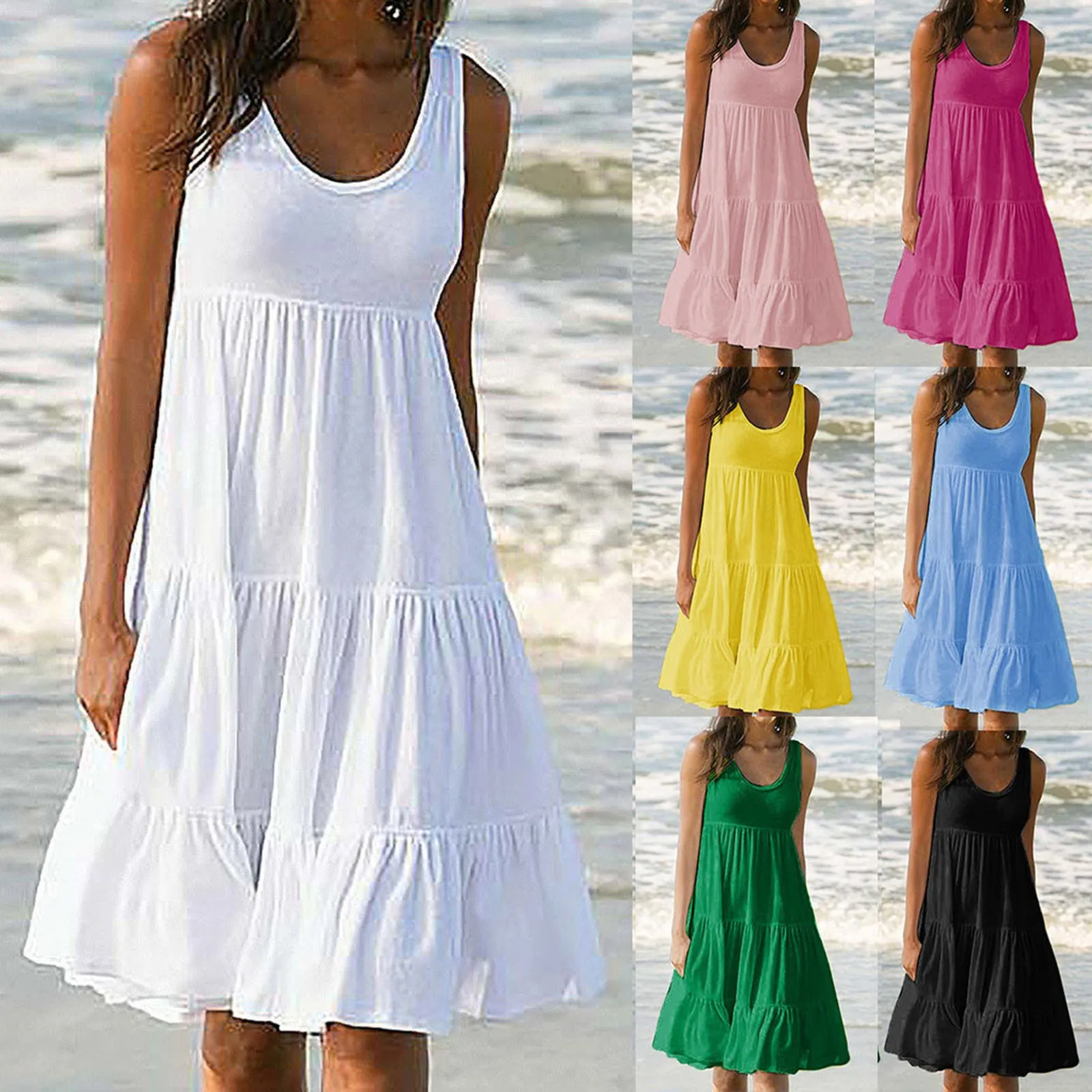 

2024 Women Casual O Neck Sleeveless Ruffles Mini Dress Boho Solid Beach Sundress Oversized Loose Dress 2024 Summer