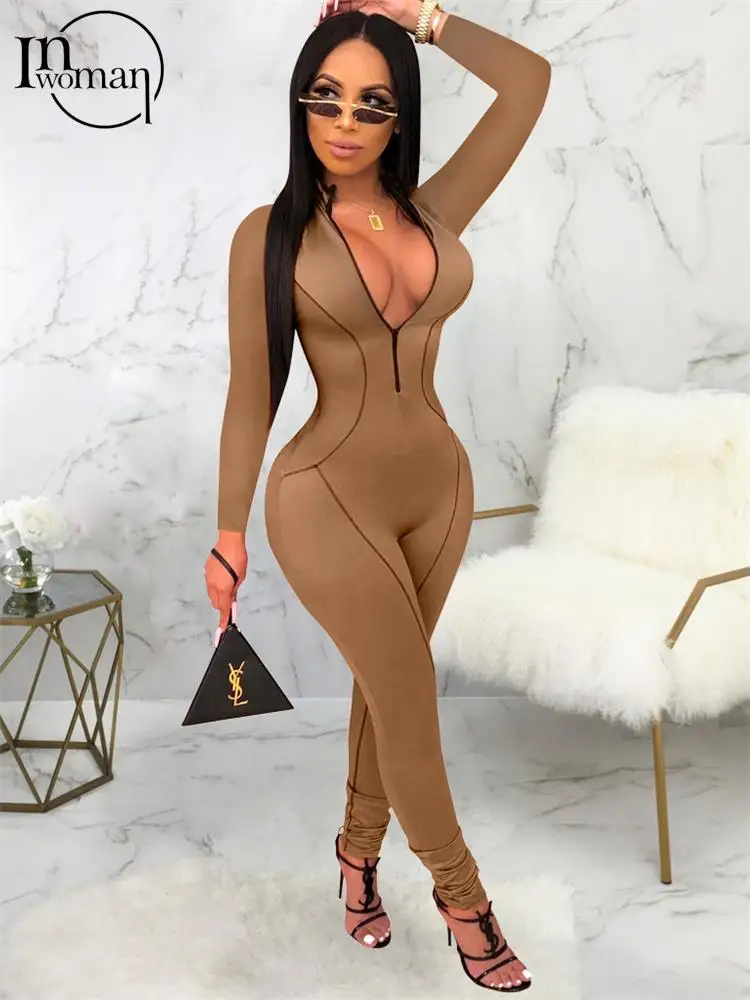

Inwoman Green Ribbing Bodycon Jumpsuit Party Club Outfits For Women 2023 Autumn Winter Zipper Fly V Neck Activewear Long Sleeve