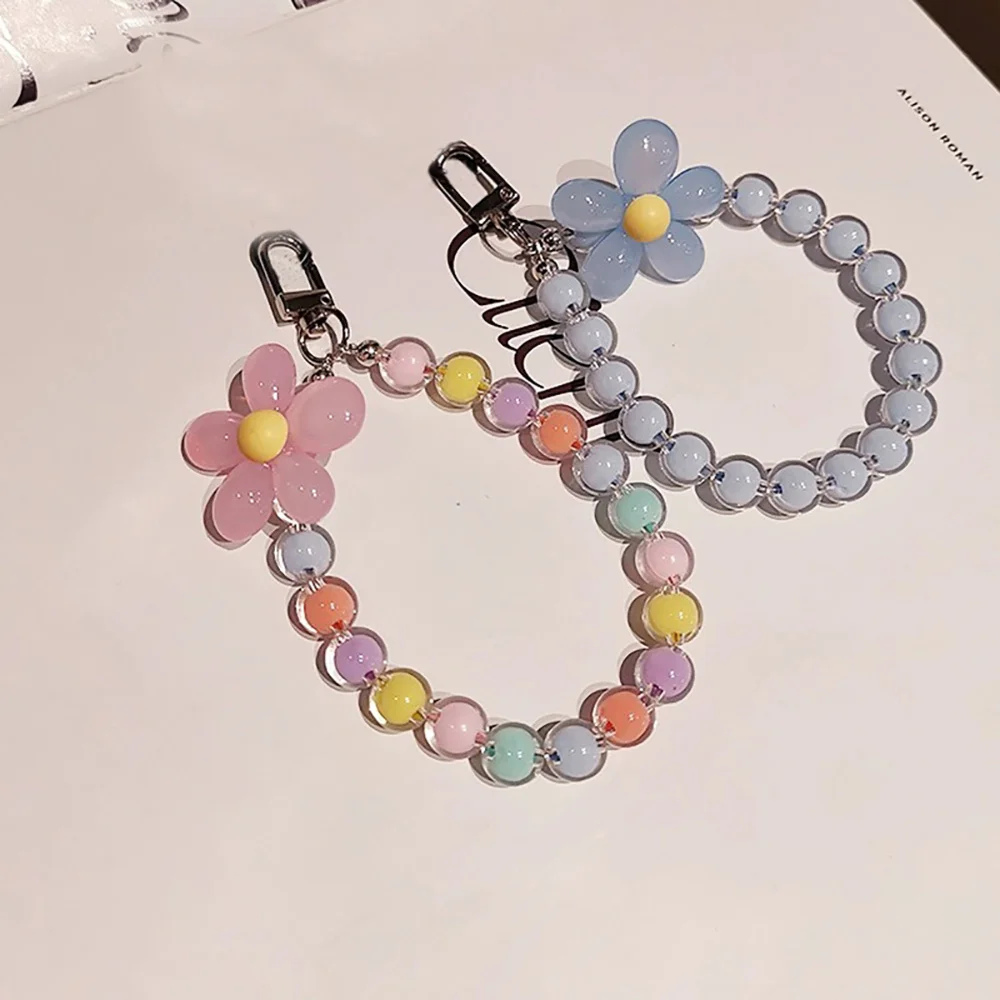 Colorful Lanyard Bow Heart Beaded Bracelet Flower Butterfly Phone Charm Pearl Mobile Phone Wrist Strap Acrylic Anti-Lost Chains