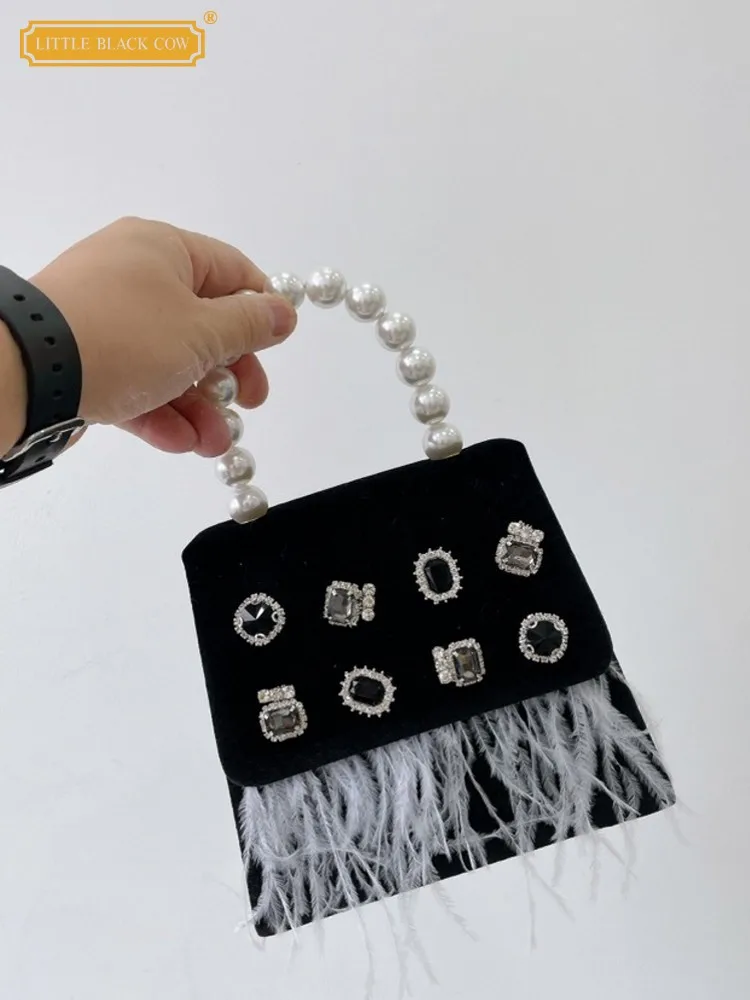 

Women Elegant Black Velvet Mini Pearls Handbag Party Chain Crossbody Bag Small Flap Totes Ladies Autumn Crystal Shoulder Bags