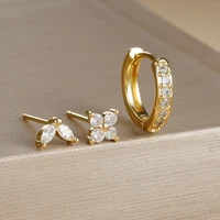 3PCS Stainless Steel Gold Color Circle Hoop Earrings Set for Women Simple Zircon Flower Stud Earring Cartilage Piercing Jewelry - Image 2