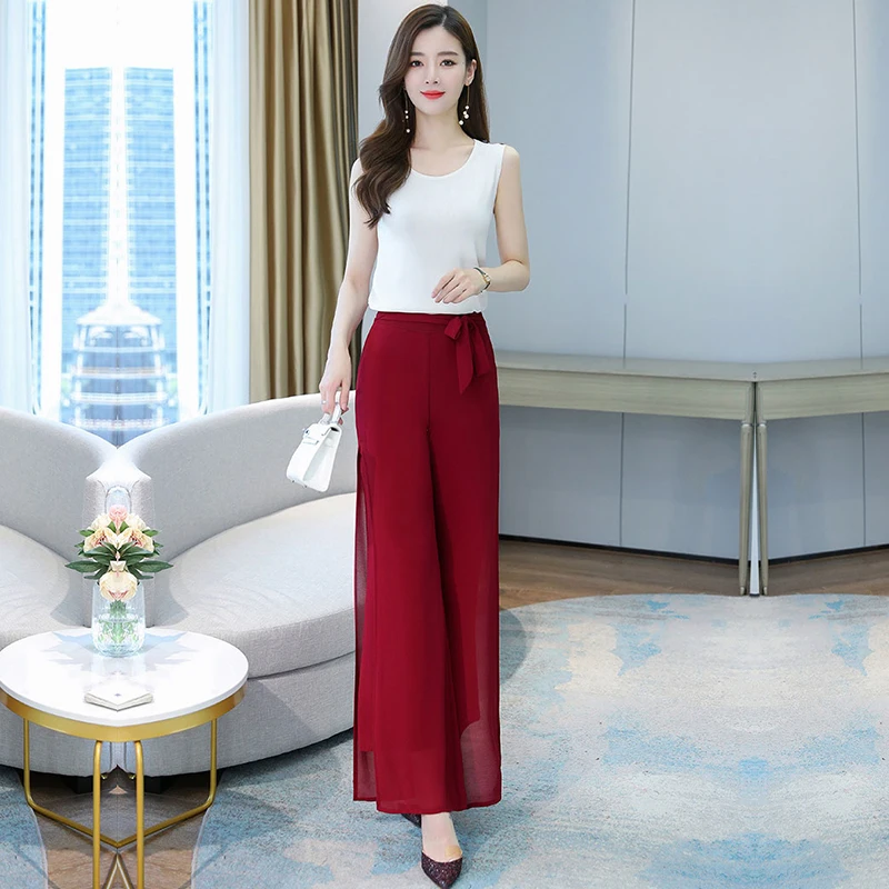 Women'S Summer Double Layered Thin Material Breathable High Waist Loose Casual Chiffon Wide Leg Pants Mom Dance Split Trousers