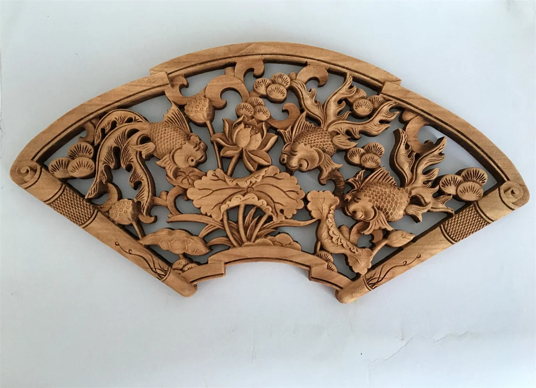 Fan-Shaped Wood Carving Decorations, Exquisite Home Crafts Decorations, Auspicious dragons and phoenix 3
