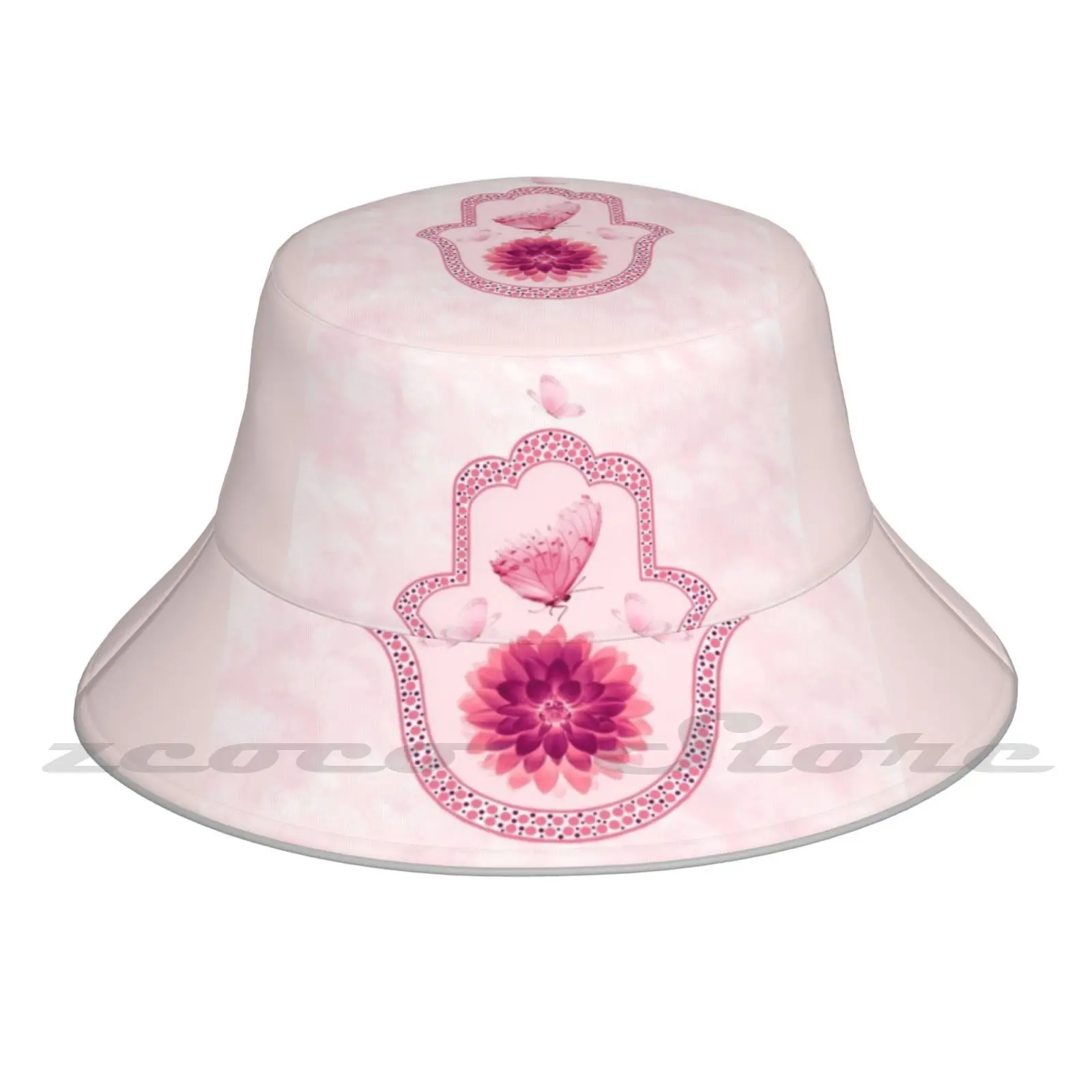 

Lotus Pink Hamsa Hand Bucket Hat Fashion Soft Personalized Pattern Gift Cap Hamsa Luck Evil Eye Symbol Jewish Zen India