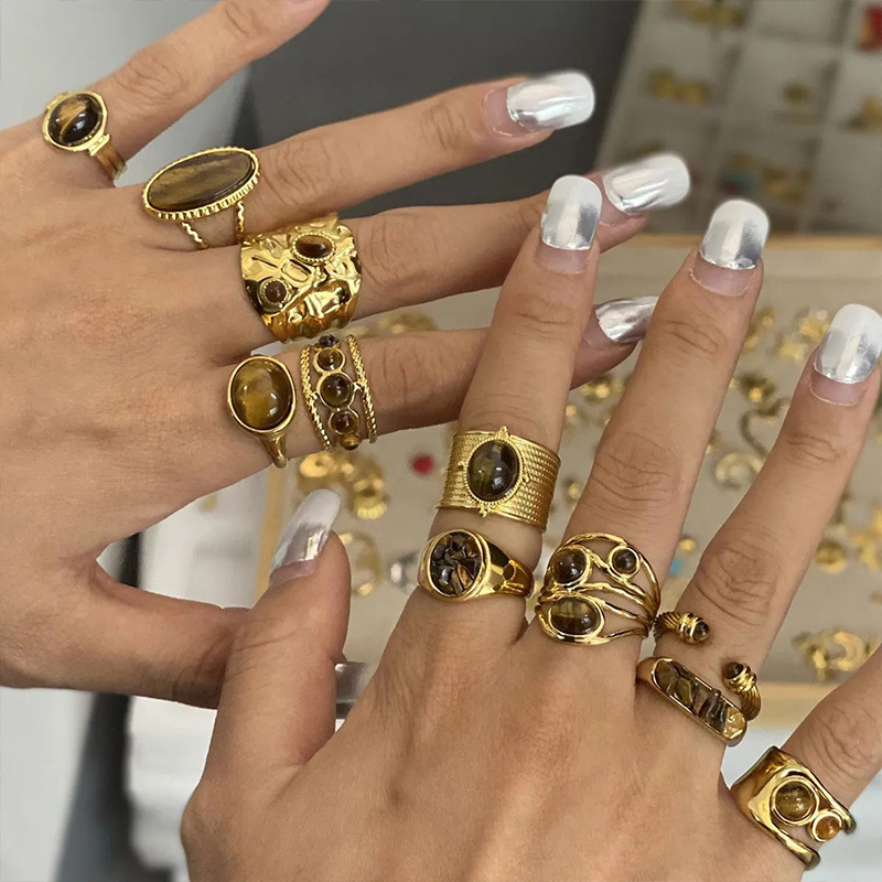 Y2K Adjustable Vintage Brown Amber Open Rings Irregular Sunflower Imitation Tiger Eye Stone Ring Finger Ring Jewelry Party Gifts