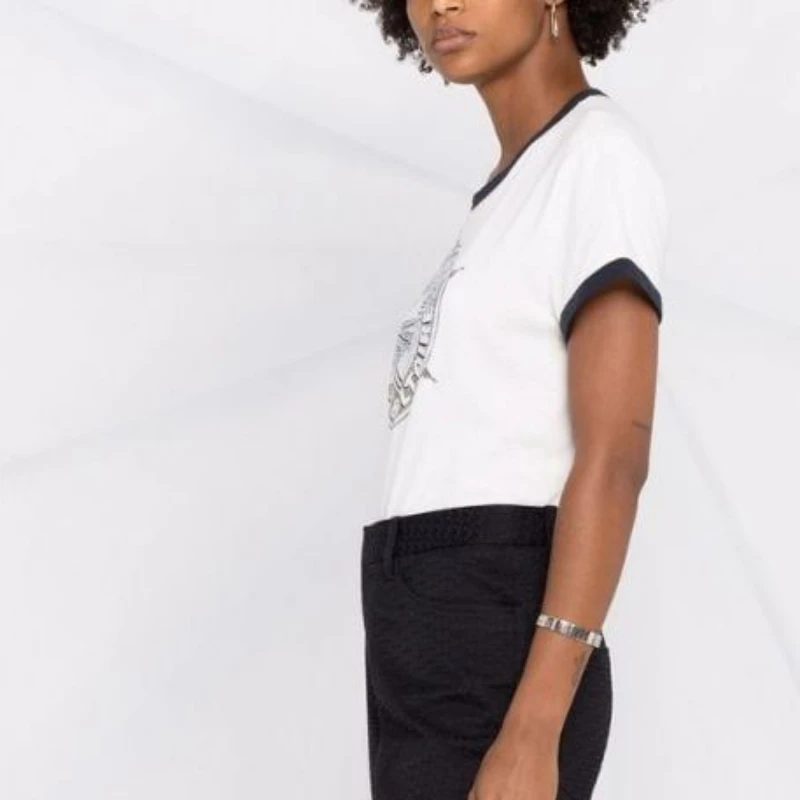 

Summer New Sleeve Contrast Color Pulley Letter Print Cotton Ladies Short Sleeve T-Shirt