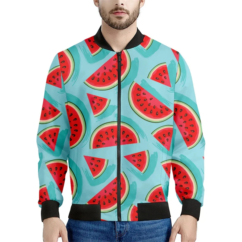 thumbnail image 1 of Chaqueta de bombardero con cremallera de primavera y otoño con estampado de frutas tropicales, moda Harajuku, chaqueta de vuelo de manga larga con estampado 3D de sandía, 1 of 5