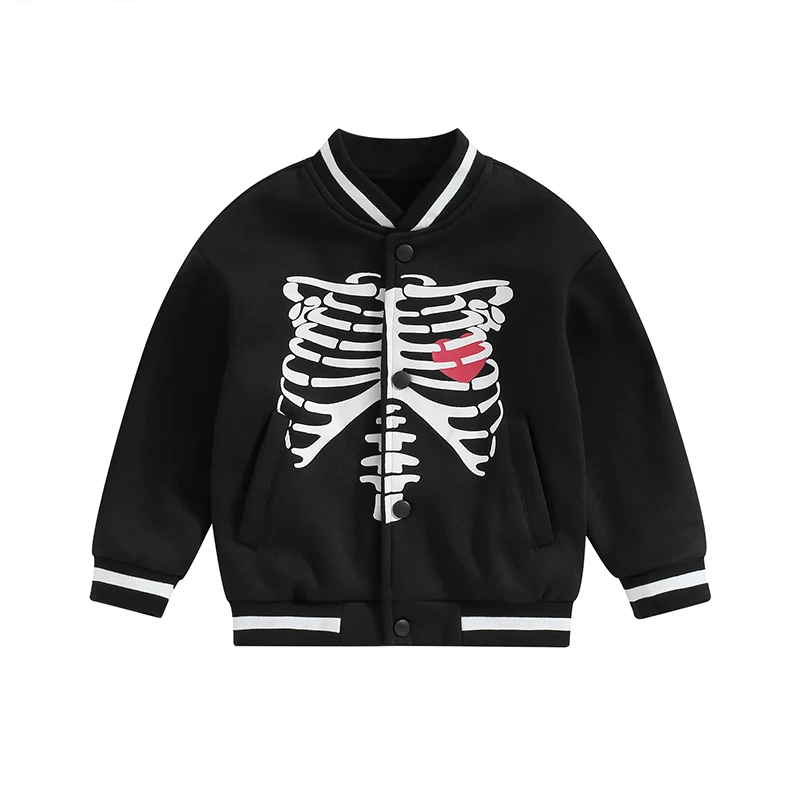 

BeQeuewll Toddler Boys Baseball Jackets Long Sleeve Stand Collar Skeleton Print Loose Varsity Jackets Fall Spring Tops