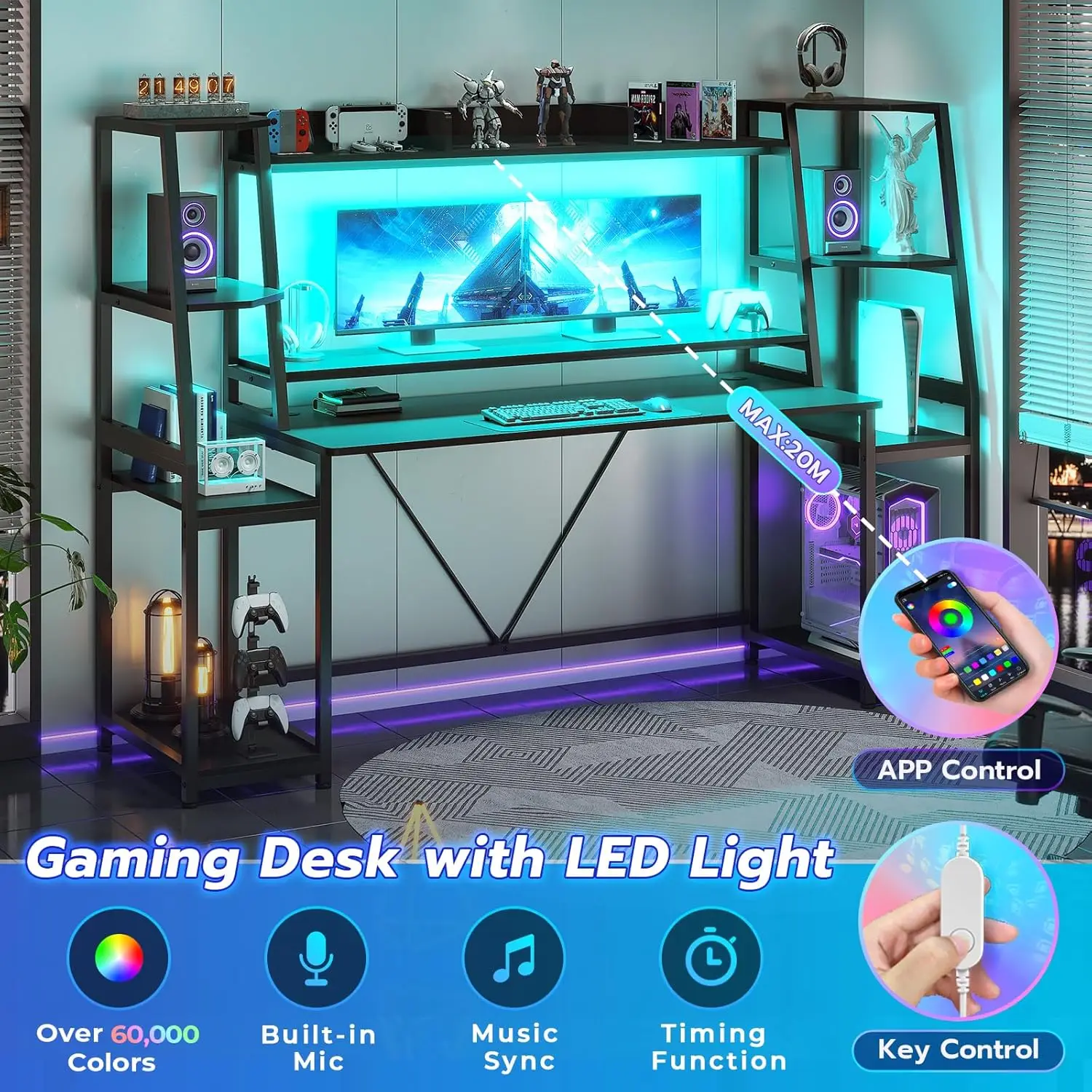 SEDETA Gaming Desk 78.8'' with LED Lights Hutch and Storage Shelves Computer Desk with Monitor Stand Large PC Gamer Desk 6