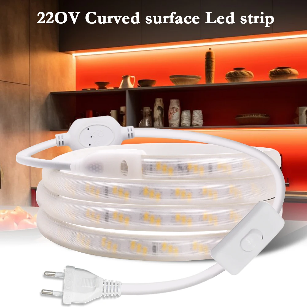 220V Waterproof Outdoor LED Strip With Switch EU UK Power Plug SMD2835 180Leds/m Curved Surface Flexible LED Tape For Kitchen