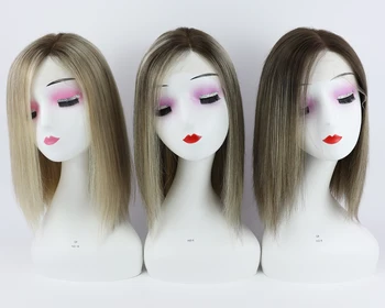 14" Jewish Wig with Silk Fabric Virgin European Human Hair Wig with Lace Front Blonde Highlight Full Hand Tied Soft Breathable