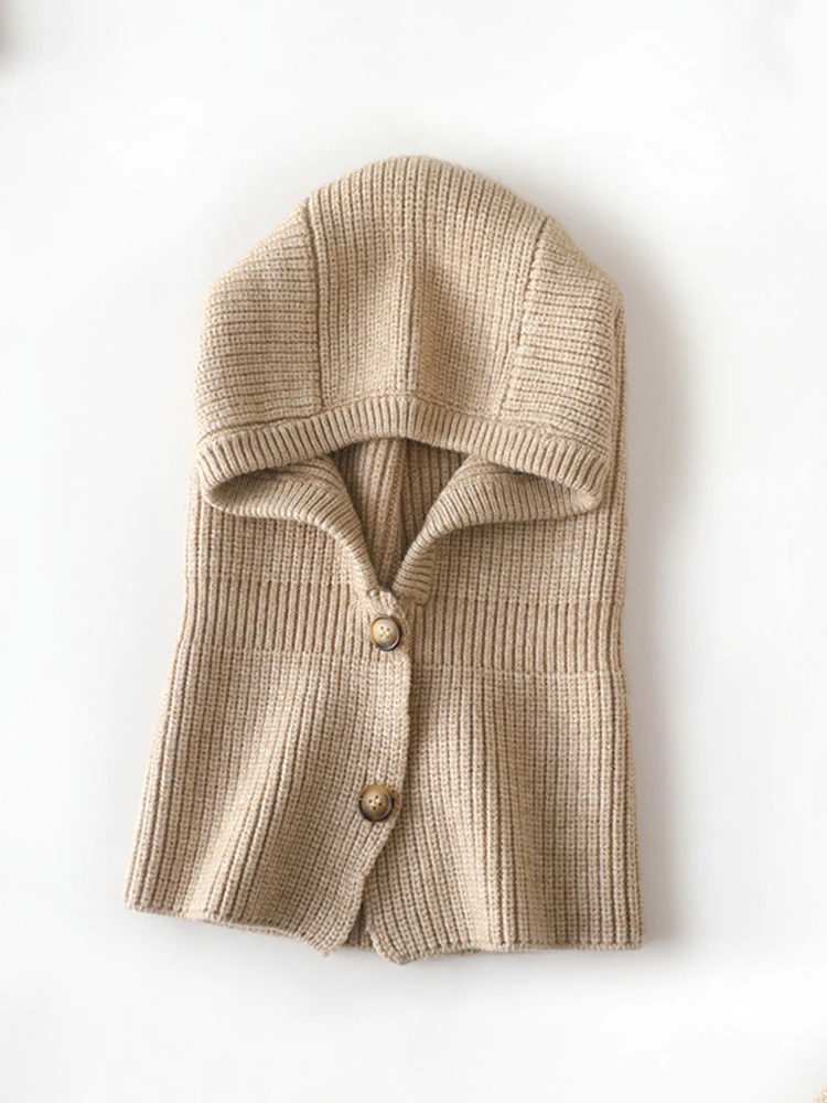 Knitted Balaclava Hat Thick Autumn Winter Soft Hood 2 Buttons Scarf Elegant Beanies Women Men Neck Warm Unisex Headgear Cap 2
