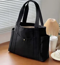 Spacious Canvas Tote Bag for Work and College - Stylish Shoulder Bag for Women (Black)