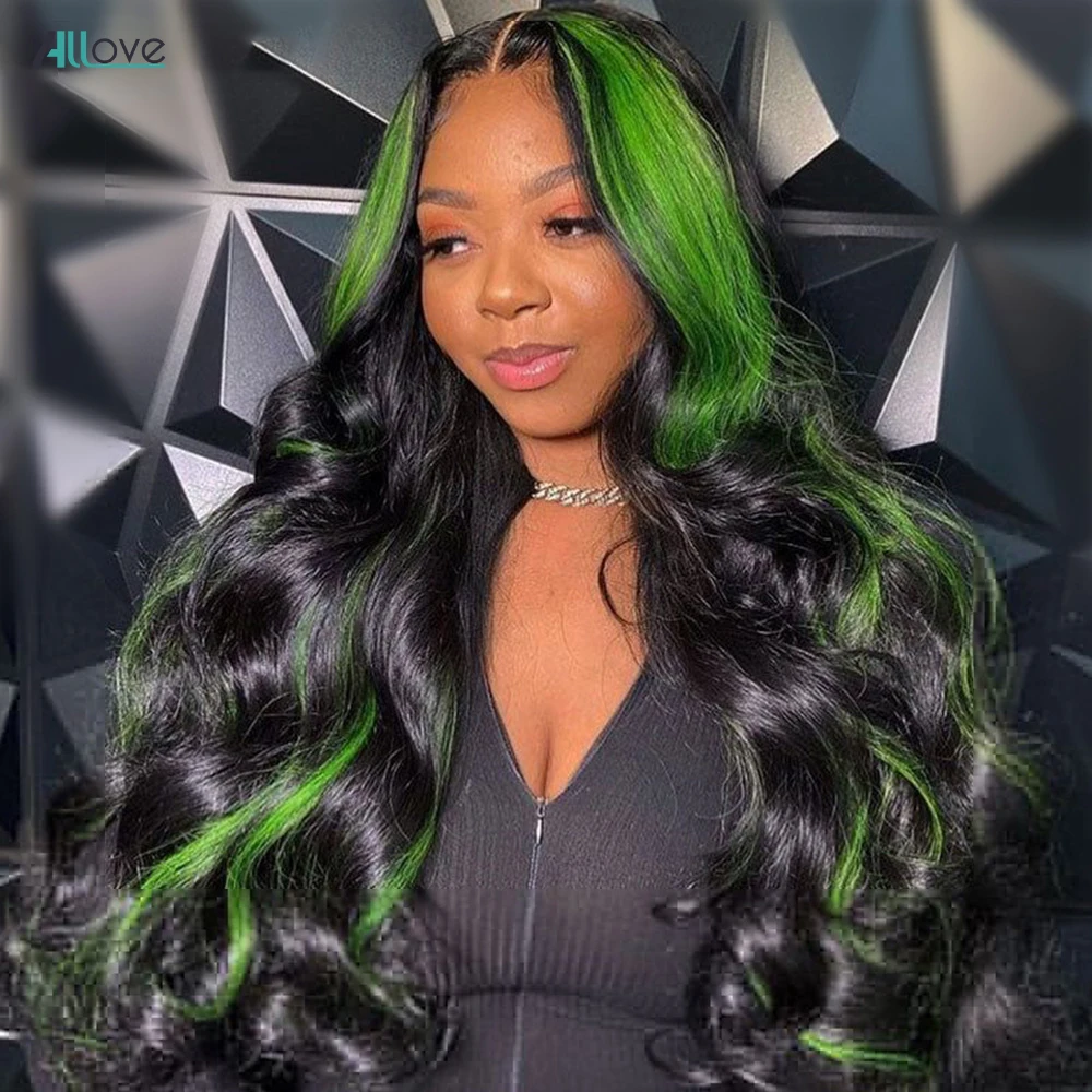 Allove Green Highlight Wig Human Hair 13x4 Colored Body Wave Lace Front Wig  Pre Plucked Transparent Brazilian Human Hair Wigs