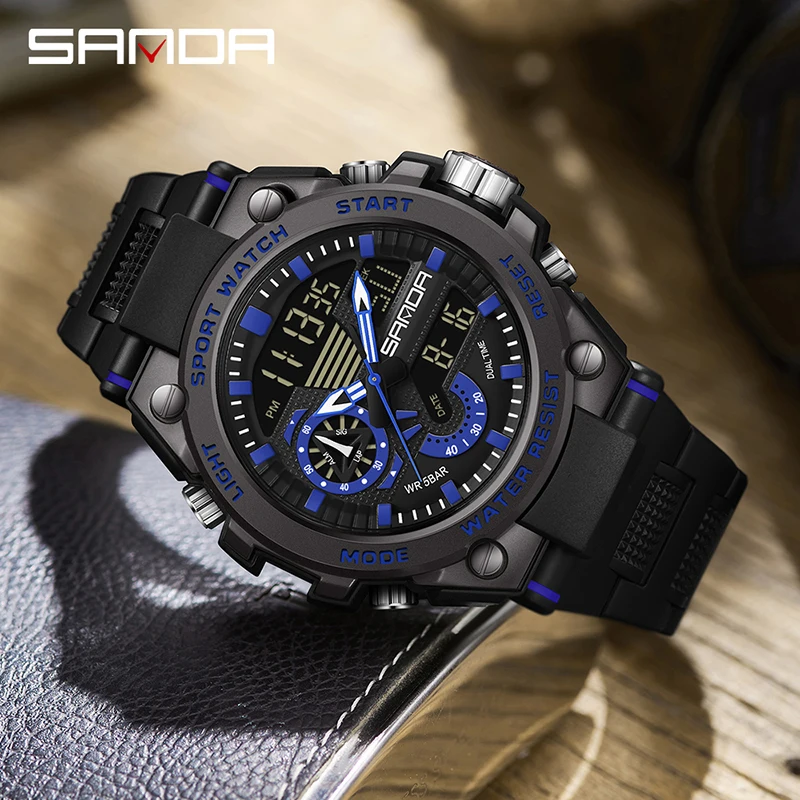 SANDA 3302 Luxury Shockproof Waterproof Sports Mens Wristwatches LED Dual Display Digital Quartz Watch for Men Reloj De Hombre