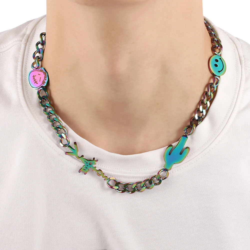 

Harajuku Quenched Travis Scott Cactus Jack Happy Smiling Face Necklace For Women Men Goth Unisex Street Stainless Steel Jewelry