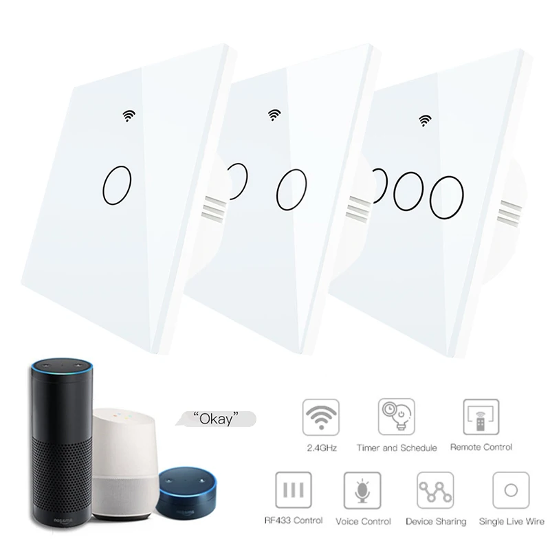 

Wi-Fi двухсторонний настенный сенсорный смарт-выключатель RF433 передатчик настенная панель беспроводной пульт дистанционного управления работает с Alexa, Home