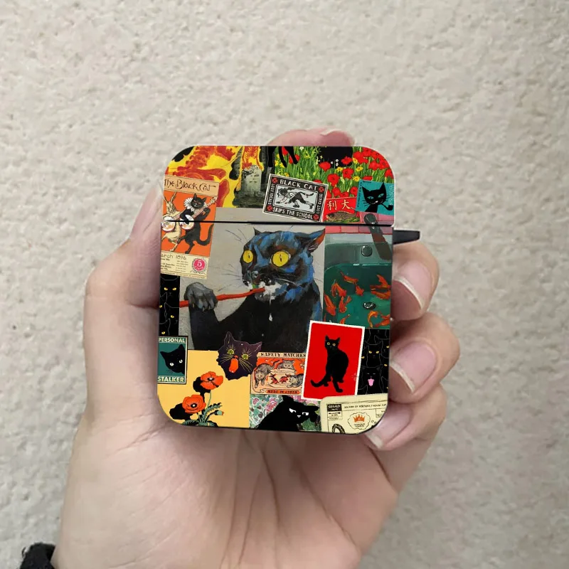 Abstract Art Cat Design AirPods Protective Case - Black Wireless Earphone Cover