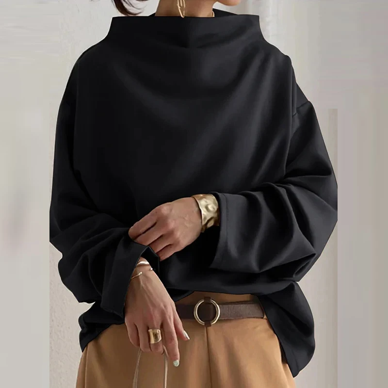 Autumn Simple Women's Long Sleeved Commuting Top New 2024 Streetwear Loose Blouses Casual Half High Collar Solid Color Pullover 5