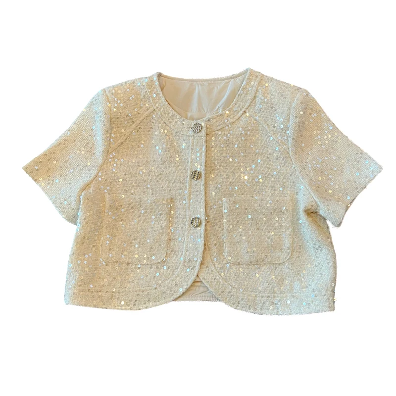 Fashionable Sequined Short-Sleeved Coat Female 2023 Summer New Short French Cardigan Short-Sleeved Top Jackets for Women