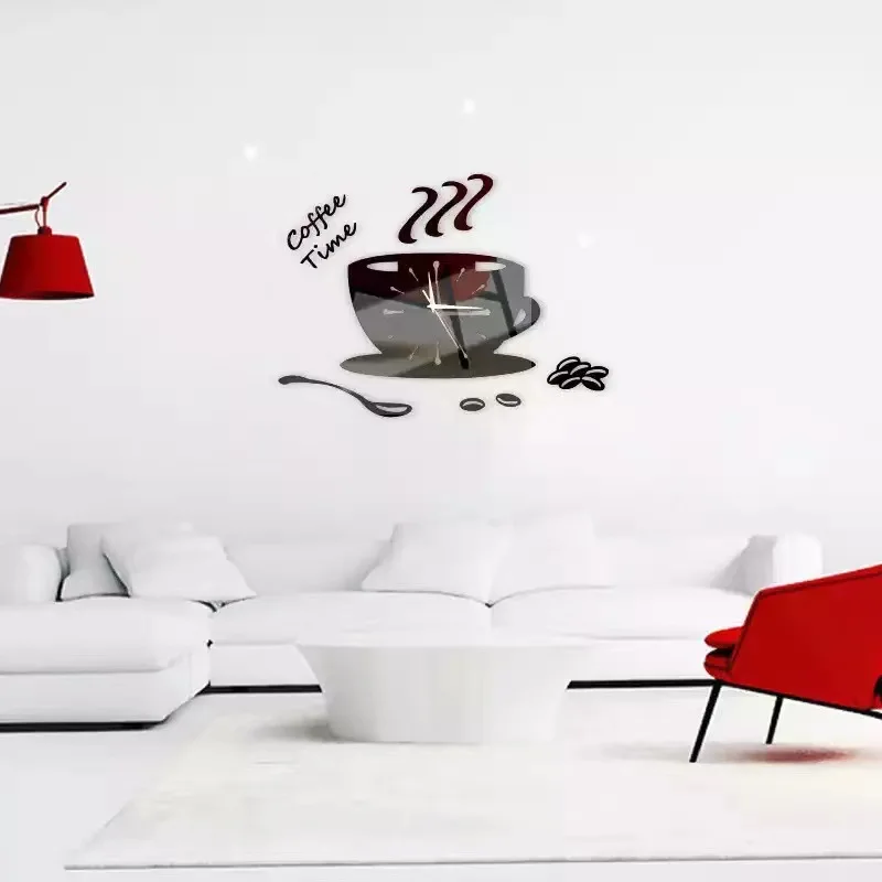 Coffee Cup Creative Silent Wall Clock, Kitchen, Living Room, Restaurant Decoration Clock, DIY Acrylic Mirror Watch