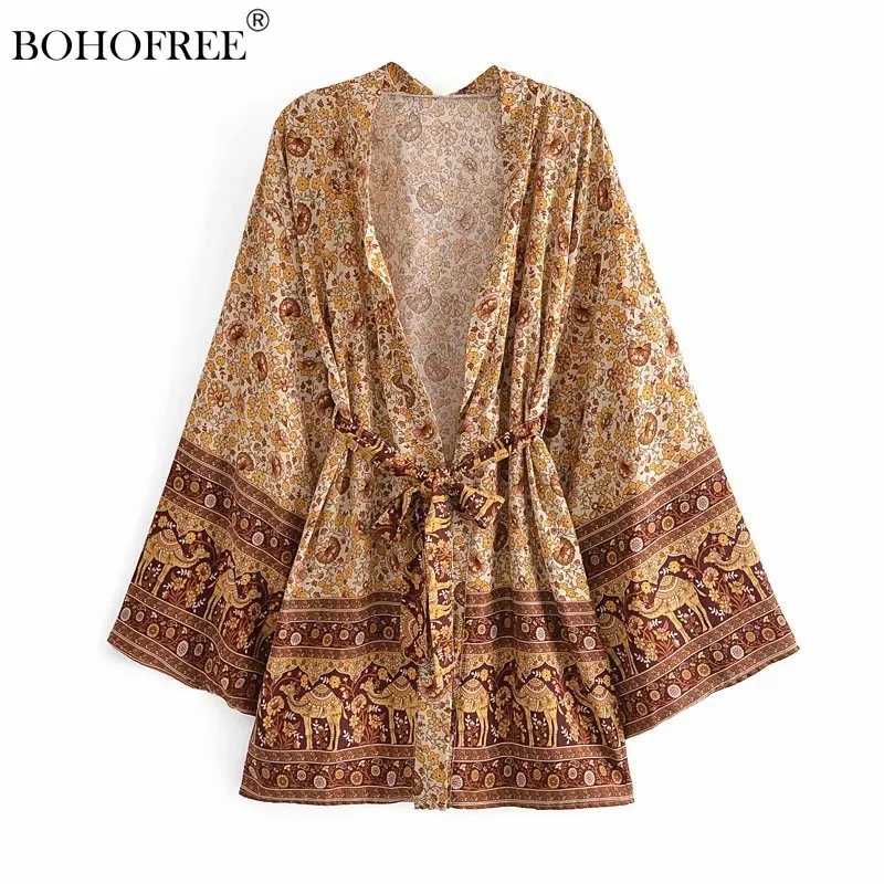 

Boho Vintage Robes Casual Beach Cover Ups Rayon Cotton Printed Short Kimono Blusas Camel Bikini Cover UpS beach wrap kimono