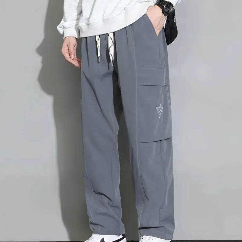 Spring Autumn Men's Clothing Solid Color Pockets High Waist Elastic Drawstring Cargo Bloomers Trousers Casual England Pants