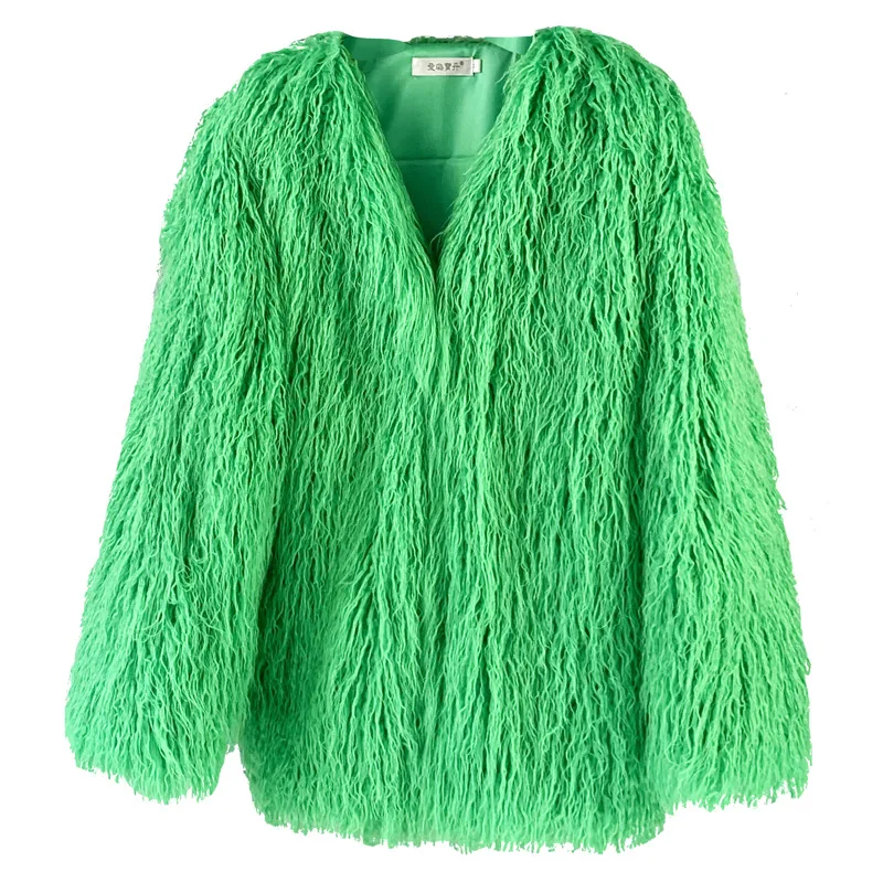 2023 Winter New Women Faux Fur Coat Imitated Tibet Sheep Fur Mid-Length V-neck Loose Outwear Temperament Casual Lamb Wool Coat