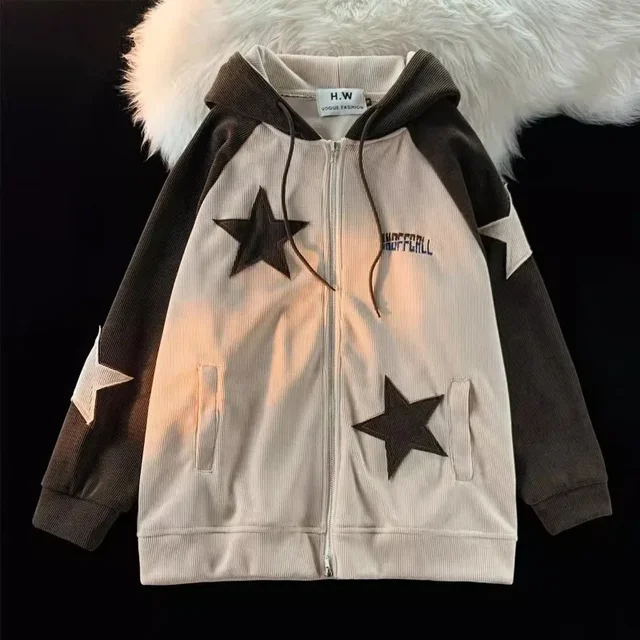 Retro Patch Star Hooded Corduroy Top 4