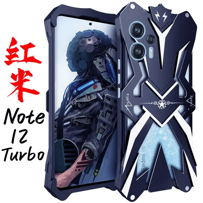 Luxury Armor Metal Aluminum Phone Cases For Xiaomi Redmi Note 12 Note12 Pro Plus Turbo Cover Mechanical Purely Handmade Skull